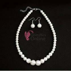 Colier cu cercei AS16D Argintiu cu perle Albe sidefate